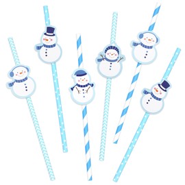 Whaline 60Pcs Snowman Paper Straws Winter Holiday Xmas Disposable Straw Blue Snowman Decorative Drinking Straws for Juices Shakes Cocktails