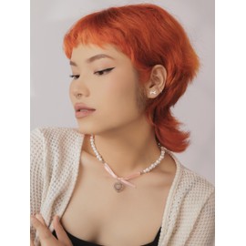 OJERRY Y2K Kawaii Coquette Pink Bow Cutecore Aesthetic Heart Beaded Choker Cool Necklaces Jewelry Accessories Coolest Romantic Gifts for Women Her Trendy Stuff