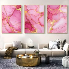 Pink Marble Canvas Wall Art Pink and Gold Abstract Gold Foil Artwork Modern Abstract Painting for Living Room Bedroom 16x24inchx3PCS No Frame