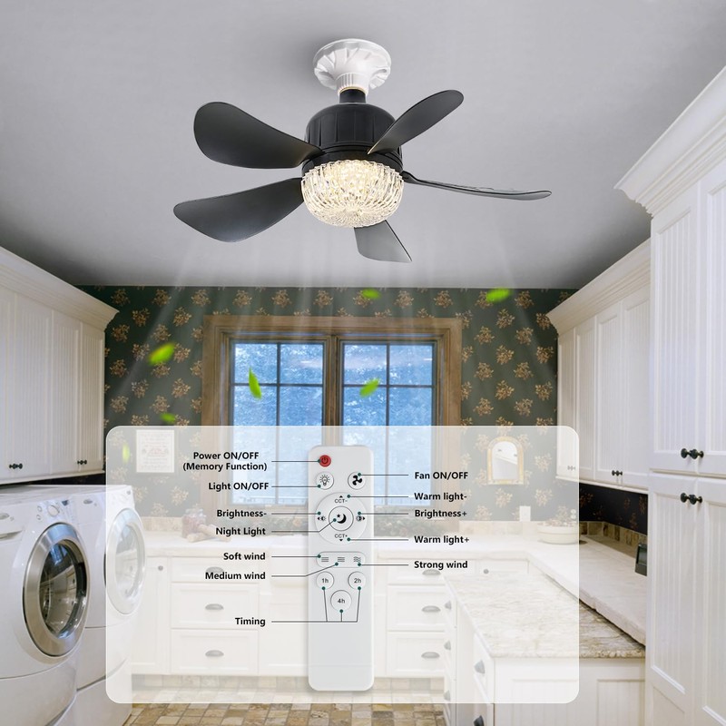 18" Socket Fan Light with Remote, Dimmable LED Ceiling Fans