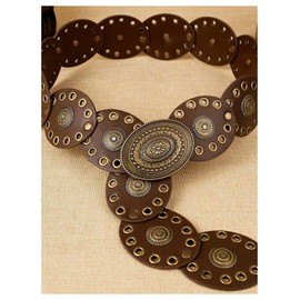 BEAUDRM Women's Grommet Eyelet Wide Disc Belt Boho Cowgirl Vintage Western Metal Buckle Leather Concho Waist Belts Coffee Brown suit waist size: 37.4-41.3"
