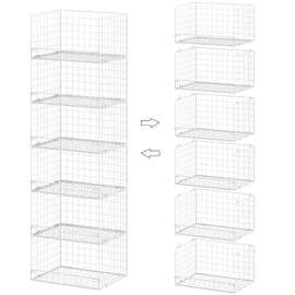 Huxitocan 6-Tier Stackable Closet Organizers and Storage Basket - Foldable Closet Shelf Organizer System, Sturdy Metal Space-Saving Clothes Storage Bins for Wardrobe, White(Patent Pending)