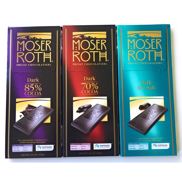 German Dark Chocolate Bundle of 3 Varieties. Moser Roth 85%, 70% and Dark Sea Salt. Low Sugar Gourmet Candy Bars. Good for the Waist Line and Chocolate Lovers! Freshly Imported from Europe.