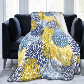 Abucaky Blue Yellow Navy Chrysanthemum Flowers Fleece Throw Blanket Ultra Soft Cozy Decorative Flannel Blanket All Season for Home Bed Couch Chair Travel 60x50in