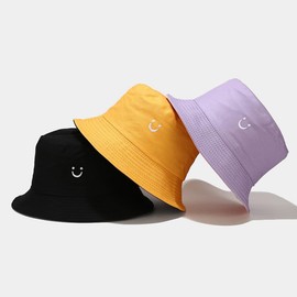 PythJooh 1PC Girls Boys Embroidered Smile Face Bucket Hat Kids Reversible Sun Hat Foldable Beach Hats Outdoor Caps for 2-8Years Black/Beige