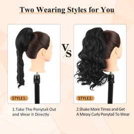 KRSI 14Inch Spiral Curl Short Drawstring Ponytail Extension for Black Women,Curly Black Hair Ponytail Wavy Clip in Ponytail Hair Pieces for Women Ponytail