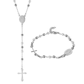Rosary Beads Catholic Cross Necklace Bracelet: Silver Stainless Steel Pearl Beaded Virgin Mary Medallion Christian Y Necklace Jewelry Gifts for Women Men