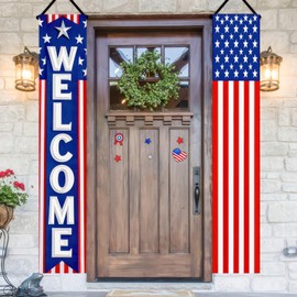 BlissYard 2Pcs Patriotic Decor Welcome Door Banner 4th of July Decorations American Banners Hanging Porch Signs for Independence Memorial Day Veterans Labor Day for Yard Indoor Outdoor Supplies