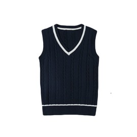 ZUEVI School Vest, Girls' Uniform Vest, Student, V-Neck, Loose Knit, Cotton, Solid, navy stripe 1