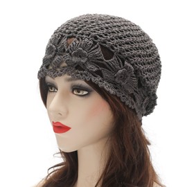 Zlyc Women's summer knitted hats, handmade crochet hat, slouch beanie, Flowers Grey