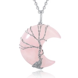 XIANNVXI Women's Necklace, Silver Chain, Crystals, Crescent Moon, Chains, Pendant, Crystal Chain, Tree of Life, Natural Energy Gemstones, Jewellery, Gift for Women, Crystal Stainless Steel, No