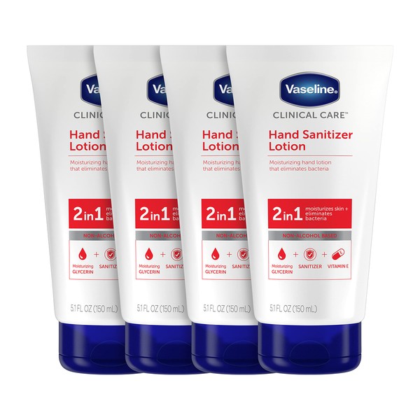 Vaseline Hand Sanitizer Lotion Hydrating Skincare 2-in-1 Moisturizer and Kills Germs 5.1 oz 4 Count