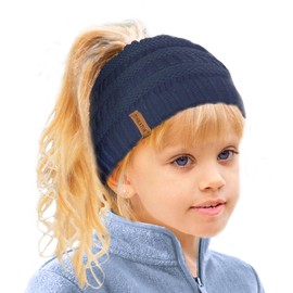 Girl's Thermal Teddy fleece lined Ponytail Beanie Hat-NAVY