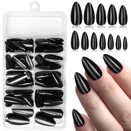 Bellelfin 120Pcs Cat Eye Press on Nails Almond Medium Length, Full Cover Black Press on Fake Nails Glossy Acrylic Almond Shape Glue Nails for Women Girls