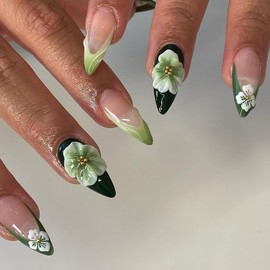 Spring Press on Almond Nails Medium Glossy Full Cover Almond French False Nails with Floral Designs Artificial Almond Shaped Fake Nails with Charms Glue Stick ons Fingernails for Women Girls(Z944)