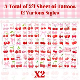 144 PCS Cherry Temporary Tattoos Stickers, Cherry Party Favors Cherry Party Decorations She's The Cherry On Top Theme Tattoos Summer Fruit Cherry Birthday Decorations for Kids Girls, 24 Sheets