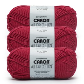 Caron All Day Cotton - 3 Pack of 173 Yards/3.52 oz Red Lip 100% Mercerized Cotton Yarn