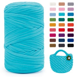 JeogYong Aqua Blue T-Shirt Yarn, 400g/131 Yards Elastic Fabric Crochet Cloth T Shirt Yarn, Thick Hand Knitting Yarn for Crocheting Bags/Baskets/Rugs, Home Decor, DIY Crafts
