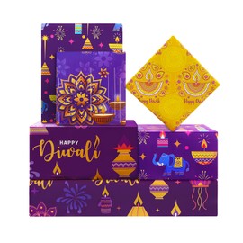 Pretty Happy Diwali wrapping paper 8 Sheets 4 Designs Folded Flat 20x28 inches per sheet Include Oil Lamp & Flowers Peacock Elephant Design in Purple and Yellow Color for India Festival, Birthday Party, Holiday Art & Craft Gift Wrap