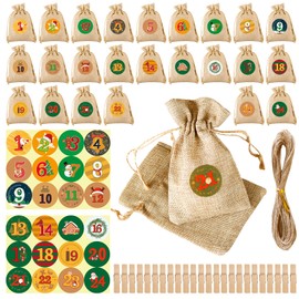 POPOYU Pack of 24 Christmas Burlap Bags Primary with Mixed Colour Stickers, DIY Christmas Advent Calendar Gift Wrap Bags, Candy Bags, Treat Bags, Xmas Party Gift Bags