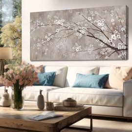 XIANSHOU Flower Wall Decor White Flowers Blossom Canvas Picture Plant Wall Decor Contemporary Art Painting for Living Room Office Bedroom Hanging Wall Decor 24x48 Inchs