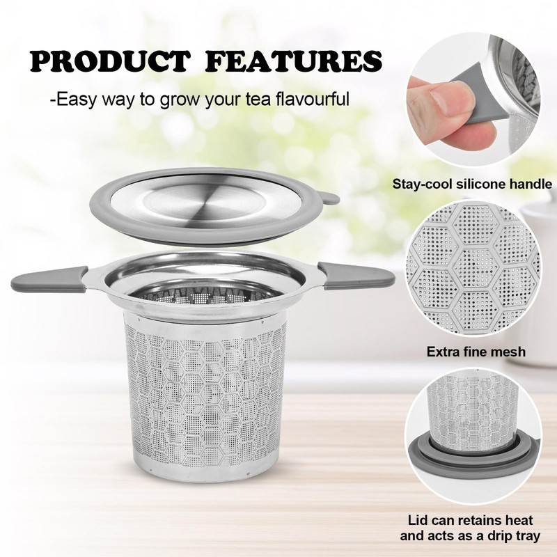 Tea strainer with lid/drip tray, extra fine mesh 304 stainless