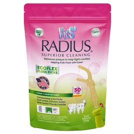 Radius Bubblegum EcoFlex Compostable Floss Picks Kids for Oral Care Boost Non Toxic Tooth & Gum Protection (50 Single Use Dual Action Flossers per Pack)