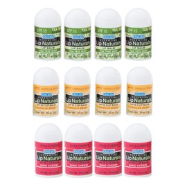 Lip Naturals® - Mini bálsamo labial surtido con protector solar (SPF-15), fabricado en Estados Unidos, paquete de 12 unidades con sabores de cereza Bing, menta de árbol de té y vainilla (0.10 onzas