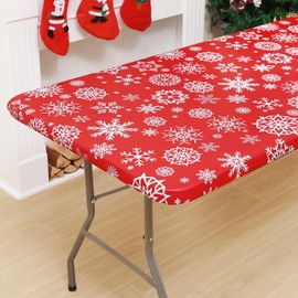 misaya Rectangle Vinyl Tablecloth, Fitted Table Cover, 100% Waterproof, Elastic Edge, Flannel Backing, Plastic Table Cloth Fit 6 Foot Folding Tables for Christmas Dinner (Red Snowflake, 30x72 inch)
