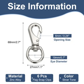 PATIKIL 6Pcs Flag Swivel Snap Clips, 2.7 Inch Heavy Duty Alloy Flag Pole Hooks Stainless Flagpole Accessories for Rope Hardware Key Chain Leash Leather Craft, Silver Tone