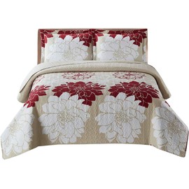 Royal Tradition 7PC Bedspread Set -Queen Size- Helena Burgundy Printed Quilted Wrinkle-Free Microfiber Includes: 3PC Coverlet Set and 4PC Sheets Set