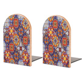 DEHOZO 2 Pack Wood Bookends, Mexican Talavera Tile Mandala Non-Skid Book Ends for Heave Books, Decorative Bookends for Shelves Desk, Book Stoppers Book Holders for Home Office Library School