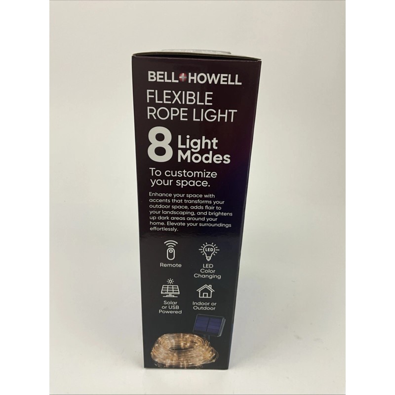 BELL+HOWELL Flexible Rope Light 50ft Indoor Outdoor Solar Powered Weather