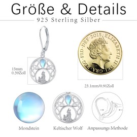 Wolf Earrings 925 Sterling Silver Leverback Moonstone Stud Earrings Animal Earrings Hoop Wolf Earrings Hypoallergenic Christmas Jewellery Gifts for Women, Sterling Silver