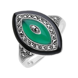 Esse Marcasite Sterling Silver Black Enamel Green Chalcedony & Marcasite Statement Ring (P)