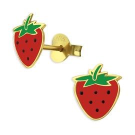 Monkimau Children's Earrings Strawberry Stud Earrings 925 Sterling Silver Gold-Plated, Sterling Silver