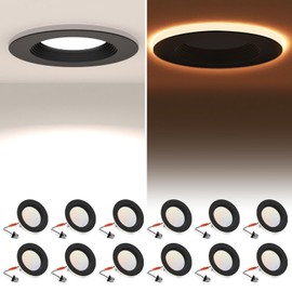 POWERASIA 12 Pack 4 Inch Black LED Can Lights with Night Light, 5CCT Retrofit Recessed Lighting Selectable 2700K-6000K Dimmable, 9W=55W, 630LM Downlight with Metal Smooth Trim - ETL and Energy Star