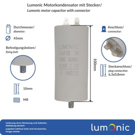Lumonic Starting Capacitor 50µF 450V with Plug I 45 x 100 mm I 50uF I Motor Capacitor with Plastic Housing I Operating Capacitor I for Pumps, Lawnmowers, Tools