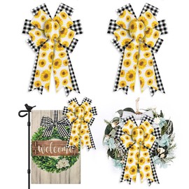 ABTOLS 2PCS Daisy Wreath Bows, Black White Buffalo Plaid Bows for Wreath Yellow Floral Wreath Bows Spring Sunflower Decorative Bows for Front Door Summer Burlap Tree Bows for Indoor Outdoor Decor