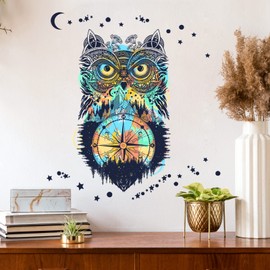 WandSticker4U® - Wall Sticker Bedroom Owl Compass Colourful (39 x 46 cm) I Boho Wall Sticker Animals Moon Stars I Wall Decoration Living Room Kitchen Hallway Teenager's Room Decoration Girls Boy Door
