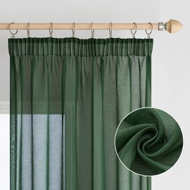 EMEMA Set of 2 Sheer Voile Curtains with Ruffle Tape, Transparent Voile, Polyester, Transparent, Living Room, Airy Decorative Curtain for Bedroom, 140 x 225 cm (W x H), Dark Green
