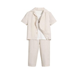 Verdusa Boy's 2 Piece Outfits Linen Set Going Out Outfits Button Up Shirt and Shorts Pants Set Beige 6 Years
