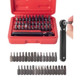 Bates- Mini Ratchet Set, 34 pcs, 1/4-Inch Drive, Cr-V Steel, Tamper-Proof Security Bit Set, Right Angle Screwdriver, 90 Degree Screwdriver, Hex/Torx/Square/Spanner/Tri- Wing/Torq Bits, Red Storage Box