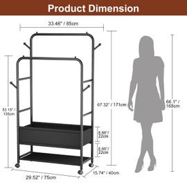 Furologee Clothing Racks for Hanging Clothes, Portable Rolling Garment Rack, Sturdy Metal Freestanding Clothes Rack with Wheels, Double Rods Wardrobe Racks for Bedroom Laundry Living Room