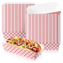 Yeaqee 100 Pcs 7" Paper Hot Dog Trays Red White Pattern Disposable Paper Food Nacho Boats Hot Dog Holders Hot Dog Plates Disposable Serving Trays for Carnivals, Parties, Dinner, Cookouts