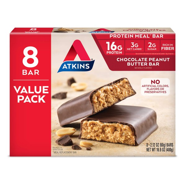 Atkins Chocolate Peanut Butter Protein Meal Bar, High Fiber, 16g Protein, 2g Sugar, 3g Net Carb, Meal Replacement, Keto Friendly, 8 Count