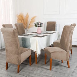 CMAKER Velvet Dining Chair Covers, Stretch Large Chair Slipcover, Spandex High Back Chairs Cover Elastic Washable Removable XL Chair Protector,Set of 2,Camel