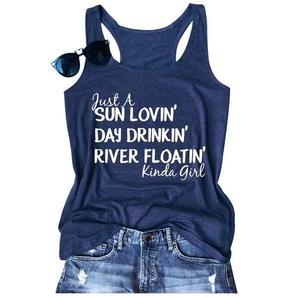 Just A Sun Lovin' Day Drinkin' River Floatin' Kinda Girl Camiseta sin mangas para mujer, Azul / Patchwork, S