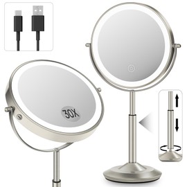 vpu Makeup Mirror with Lights, 1X/30X Lighted Magnifying Mirror Height Adjustable, 3000mAh Rechargeable Double Sided Vanity Mirrors with 3 LED Lighting and Adjustable Brightness for Desk Women Gift