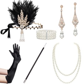 BABEYOND 1920s Flapper Costume Accessories Set 20s Flapper Headband Pearl Necklace Gloves Bracelets Holder
